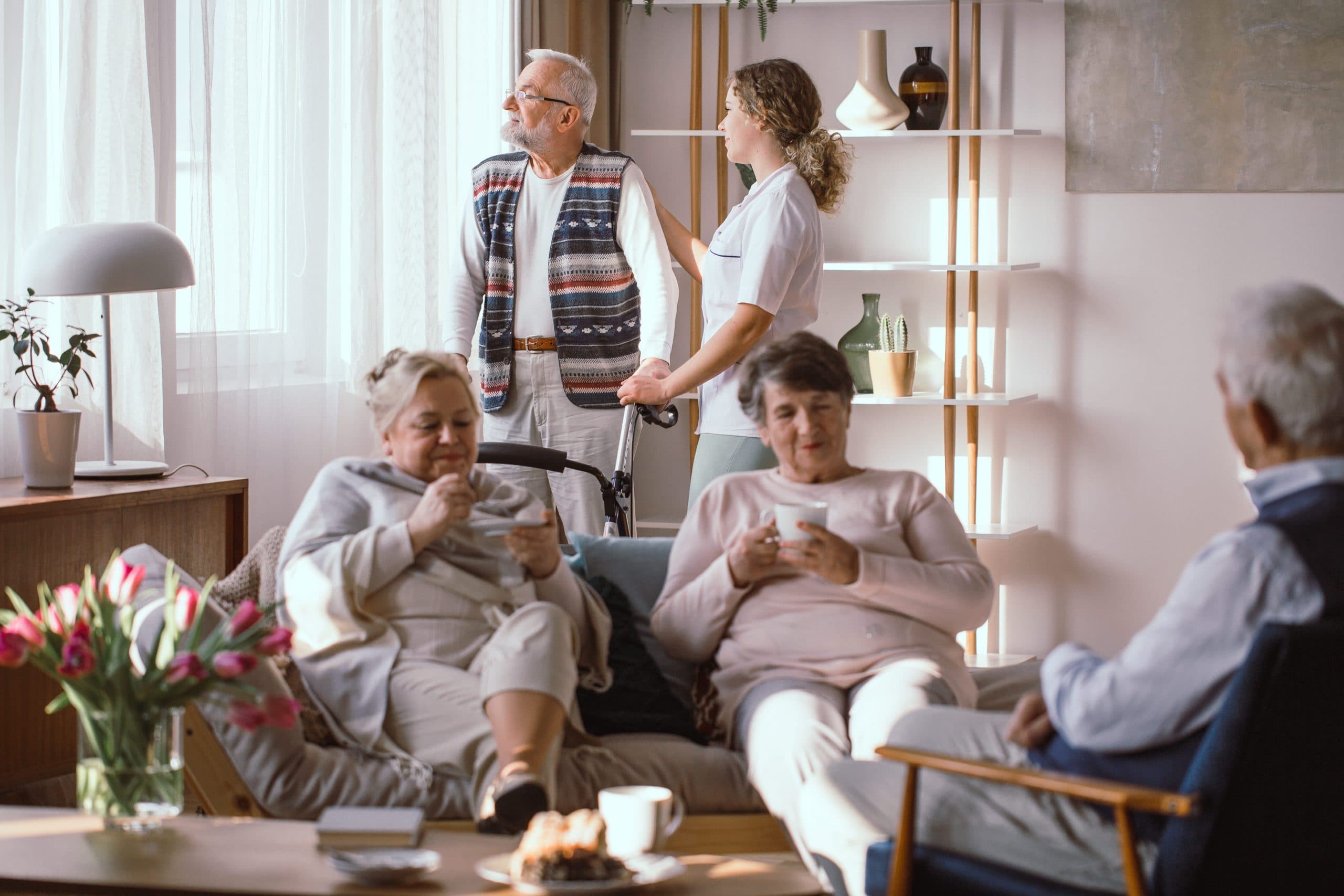 Residents meeting in the living room